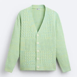 Zara  Textured Weave Woven Oversized Cardigan NWT Green Yellow Size XL